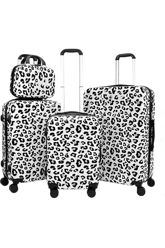 White Leopard Print Luggage Set 4 count, Lightweight Scratch-Resistant Hardshell Suitcases with Spinner Wheels, 14" Underseat Bag & 28" Large Check-in,  Print Rolling Luggage for Women Men