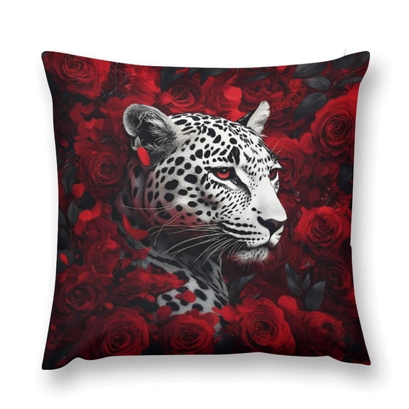 White Leopard Red Rose Flower Throw Pillow Cases Plush Pillow Cover Decorative Pillowcases Zipper Closure Cushion Covers for Couch Living Room Bedroom 12 "x12 "