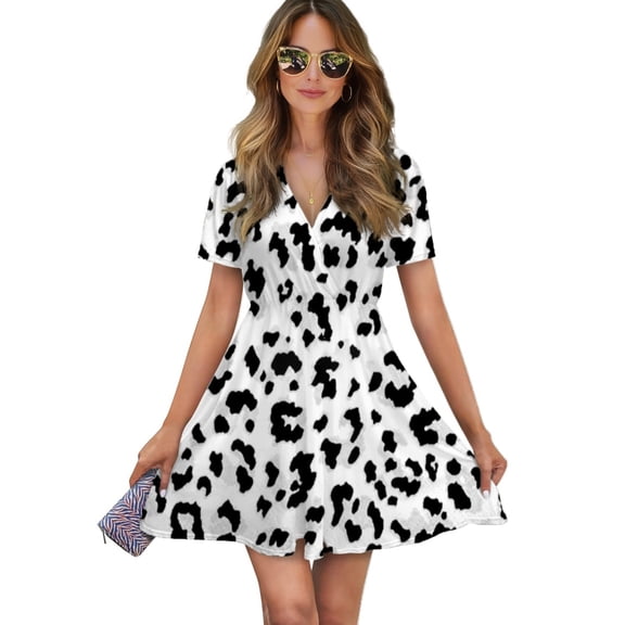 White Leopard Women Dress V-Neck Short Sleeve Flowy Swing Party Midi Dress