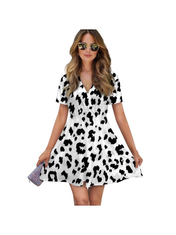 White Leopard Women Dress V-Neck Short Sleeve Flowy Swing Party Midi Dress
