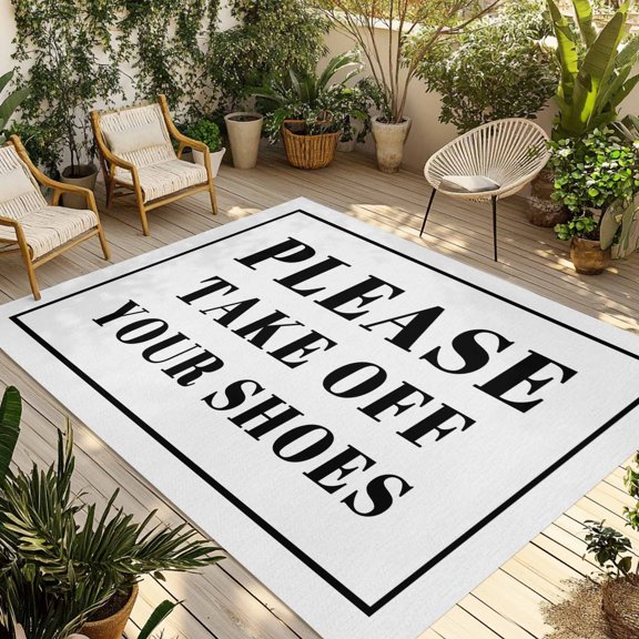 White Letter Outdoor Rug 4x6 Ft - Reversible Patio Rug Outdoor Camping Rugs, Modern Minimalist White Text Striped Washable Indoor Outdoor Area Rugs, Non-Slip Outdoor Carpet Runner for Deck/Porch