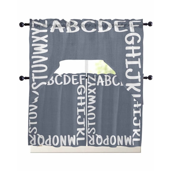 White Letters Kitchen Curtains Set for Windows 3 Piece Cafe Curtains 36 Inch Length Swag Curtains Valances and Tier Set Modern Minimalist Style Sky Grey Drapes for Bedroom Bathroom Living Room