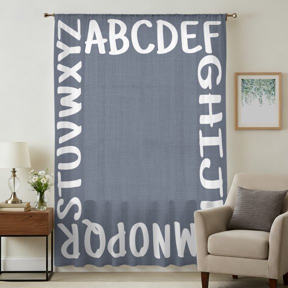 White Letters Sheer Curtains 96 Inches Long for Living Room, Modern Minimalist Style Sky Grey Light Filtering Privacy Drapes, Breathable Semi Sheer Window Treatment for Bedroom Dining Room