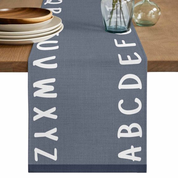 White Letters Table Runner 72 Inches Long, Modern Minimalist Style Sky Grey Cotton Linen Table Runners Dresser Scarves, Decorative Fabric Tabletop Scarf Furniture Cover for Home Dinner Party 13"x72"