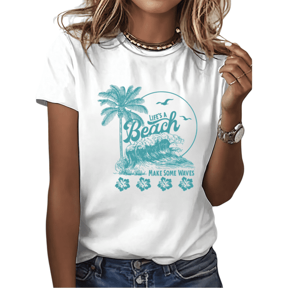 White Life's A Beach Make Some Waves Summer Palm Tree Hibiscus Graphic Tees Print Tshirt Shirts Vacation Tops S-5XL