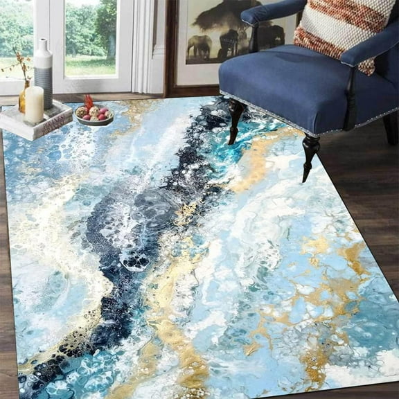 Off White Light Blue Liquid Distressed With Marble Pattern Area Rug For Living Room Dining Room Bohemian Chic Bedroom Rug Luxe Home Office Entryway Mat Porch Doormat 1x2ft