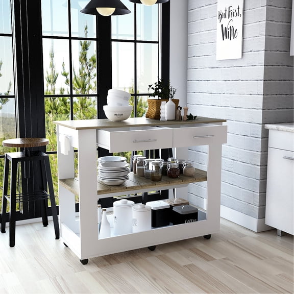 White + Light Oak Finish - Lockable Wheels Mobility - Kitchen Decoration Use - Durable Storage