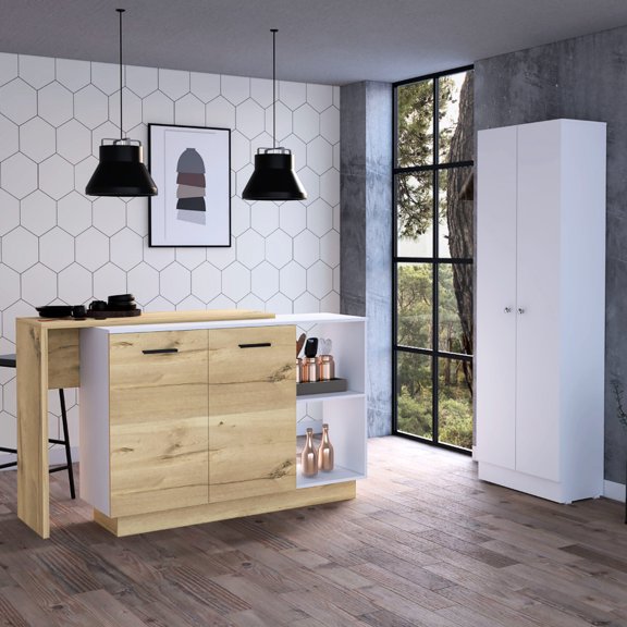 White and Light Oak Kitchen Island and Cabinet Set | Used in Dining Room for Kitchen Needs | Featuring MDF Material | Simplifies Kitchen Storage Arrangement