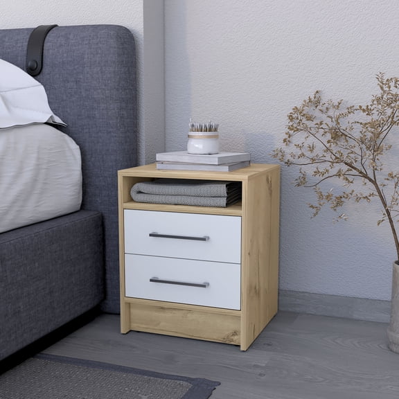 White/Light Oak Look - Spacious Top for Items - Next to Sofa - Comfortable Nightstand