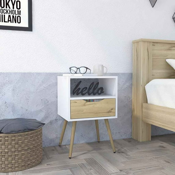 White & Light Oak Nightstand with Open Shelf & Drawer Elegant Furniture for Your Bedroom