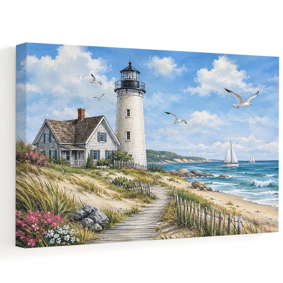 White Lighthouse Canvas Wall Art 10" x 8" Coastal Cottage Boardwalk Seagulls Sea Frame Picture Prints, Ready to Hang Waterproof Artwork Decor for Bathroom, Kitchen Small Wall Spaces