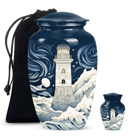 White Lighthouse Memorial Large Urn For Ashes For Mom - Tiny Cremains Urn For Ashes For Mom And Dad - Handmade Cremation Gifts For Decorative Combo 10Inch 200Lbs And 3Inch Keepsake Urn