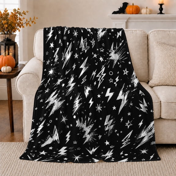 White Lightning Bolts on Black with Stars, Bold Graphic Style for Storm Lovers, Monochrome Electric Sky Pattern and Birthday Gift, Soft Flannel Blanket for Game Room and Bedroom, Home Decor