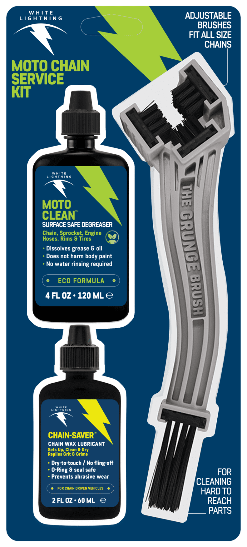 White Lightning Moto Chain Service Kit - Grunge Brush + Chain-Saver 2oz + Moto Clean 4oz for Motorcycles