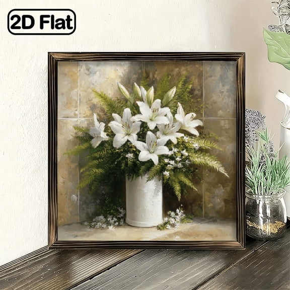 White Lilies Ferns Framed Wall Art, 8x8 Inch Decorative Signs & Plaques Beige Wood Frame, Minimalist Modern Vertical Painting for Living Room, Bedroom, Office White Lily Flower Bot