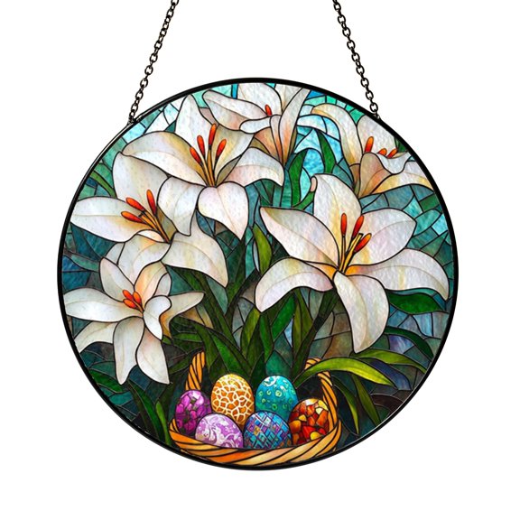 White Lilies Floral Basket Stained Glass Style Suncatcher – Window Art1601