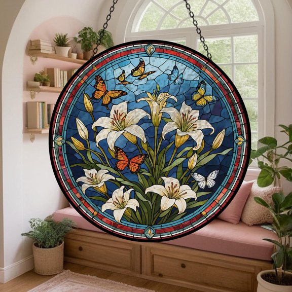 White Lilies Glass Suncatcher, Butterfly Elements Window Garden Decoration Floral Aesthetics, 3.5 in