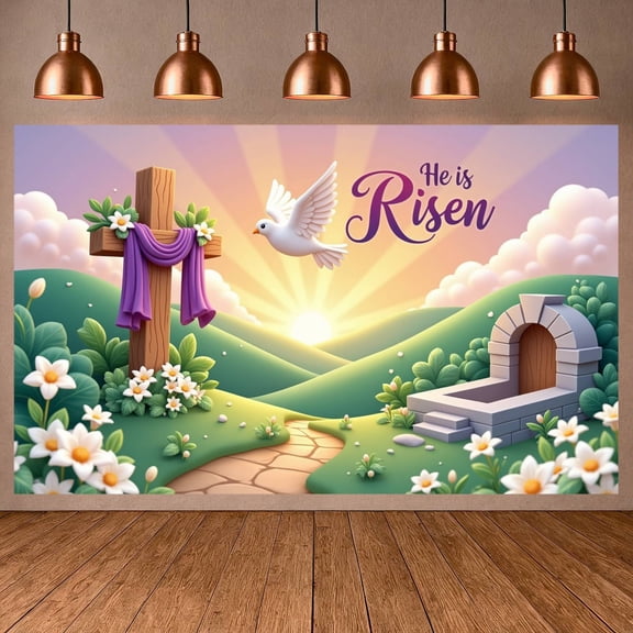 White Lilies He is Risen Banner Wooden Cross Resurrection Backdrop Purple Drape Empty Tomb Religious Background for Easter Celebration Church Events Religious Gatherings