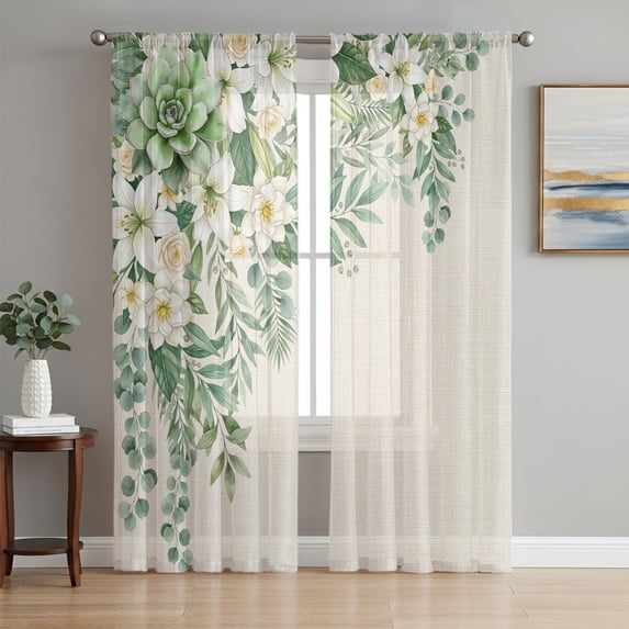 White Lilies Sheer Curtains 84 Inch Length 2 Panels Set, Succulents Green Leaf Rustic Botanical Beige Voile Window Treatment Rod Pocket Curtains Sheers for Bedroom/Living Room/Kitchen 52"x84"x2