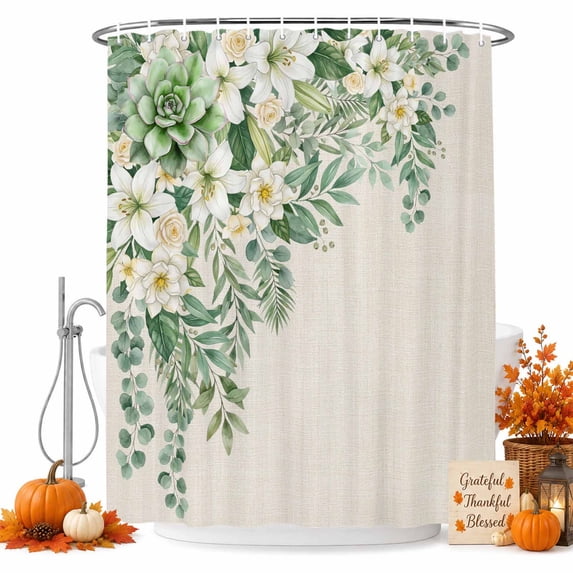 White Lilies Shower Curtain Set - Small 36" x 72" Washable Bathtub Curtain with 12 Hooks, Succulents Green Leaf Rustic Botanical Beige Waterproof Fabric Stall Shower Curtains for Bathroom Décor