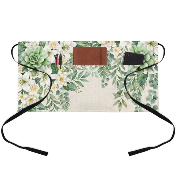 White Lilies Waitress Apron with 3 Pockets, Succulents Green Leaf Rustic Botanical Beige Server Aprons Waterproof Kitchen Restaurant Half Waist Apron for Men Women
