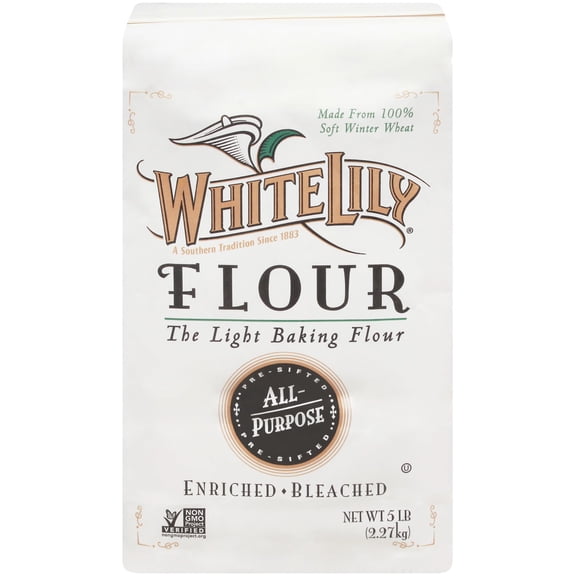 White Lily All Purpose Flour, 5 Pound Bag Non-GMO, Kosher, Enriched, Bleached