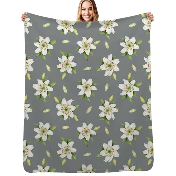 White Lily Floral Pattern Flannel Blanket Warm Soft Bedding Throws Winter Camping Chair Sofa Bed