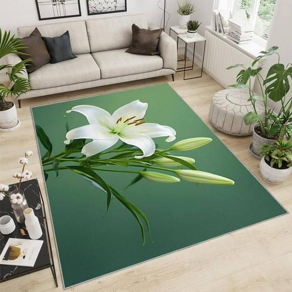 White Lily Flower Area Rug Elegant Floral Bedroom Rug, Lily Flower Living Room Rug, Indoor Non-Slip Rugs For Front Entrance Floor Decor 3x5ft