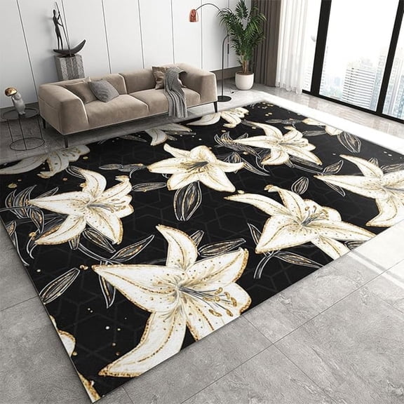 White Lily Flower Area Rugs, White Flowers And Golden Lines Easy Clean Rug, Soft Non-Skid Carpet Throw Rug For Kids Teen Girls Boys Bedroom Living Room Bathroom Office 1x2ft