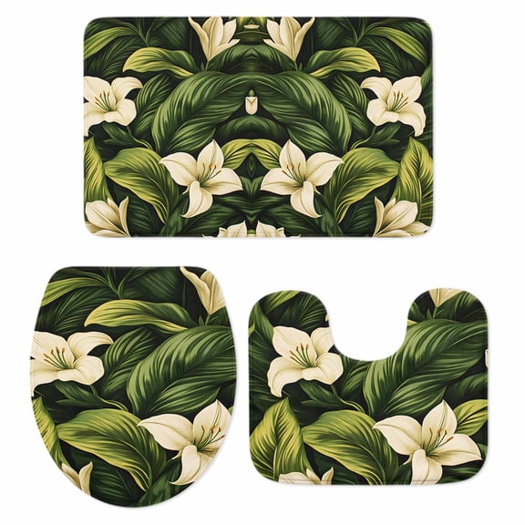 White Lily Flower Bath Mat 3 Piece Bathroom Rug Set, Tropical Bloom Floral Green Leaf Non Slip Bath Rug Contour Mat and Toilet Lid Cover, Absorbent Shower Mats Soft Bath Rugs and Mats Sets