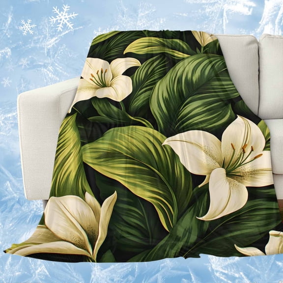 White Lily Flower Cooling Blanket, Lightweight Breathable Summer Throw Blanket with Double Sided Cold Effect,Tropical Bloom Floral Green Leaf Picnic Beach Blankets Bed Sheet for Hot Sleepers 30"x40"