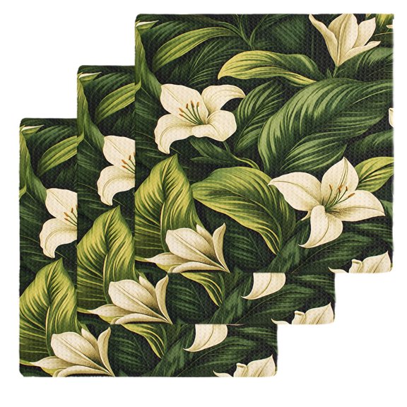 White Lily Flower Dish Towels Set, Waffle Weave Kitchen Towels 3 Pieces, Tropical Bloom Floral Green Leaf Microfiber Hair Face Bath Tea Towel Absorbent Quick Drying Cleaning Dish Cloths, 12"x12"