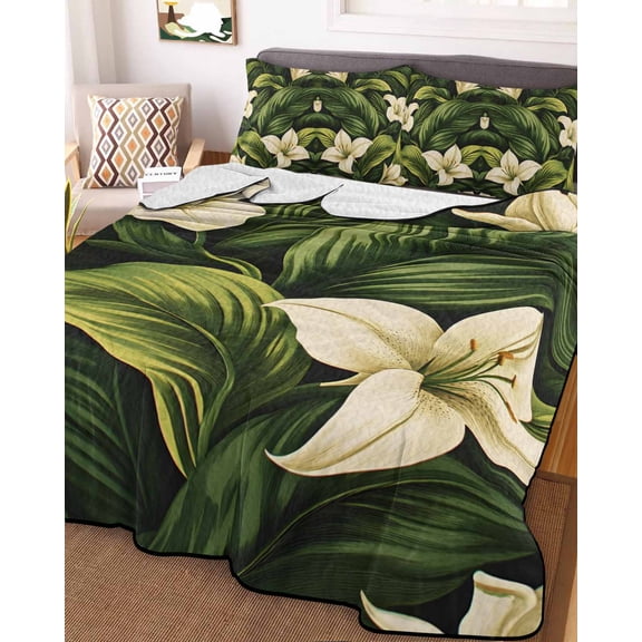 White Lily Flower King Size Down Alternative Comforter, Lightweight Comforter Quilt Bedding Set with Pillow Shams Tropical Bloom Floral Green Leaf All Seasons Bed Comforter Duvet Insert 96"x106"