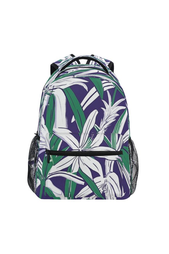 White Lily Pattern Stylish Large Backpack 15L Self-Standing Durable Twill for School, Office and Travel Use