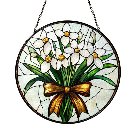 White Lily Snowdrop Floral Stained Glass Style Window Suncatcher, Botanical Window Hanging Decor Ornament