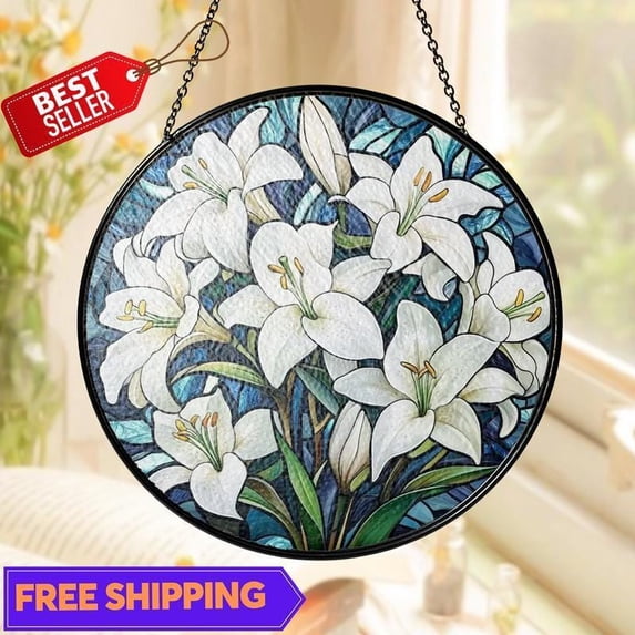 White Lily Suncatcher, Glass-Effect Floral Window Panel