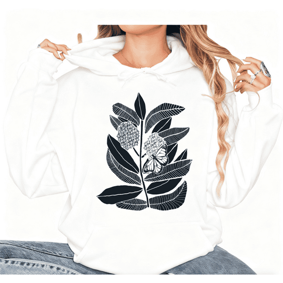 White Line Art Flower Butterfly Graphic Sweatshirt Print hoodie Casual womens S-2XL for Daily Wear Tops