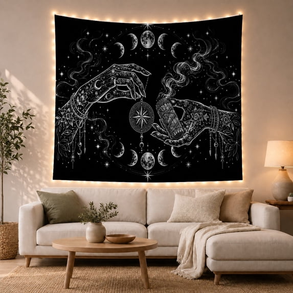 White Line-Art Hands with Moon Phases on Black, Mystical Gothic for Dark Art Lovers, Celestial Occult Decor Halloween Gift Tapestry Wall Hanging for Bedroom and Living Room