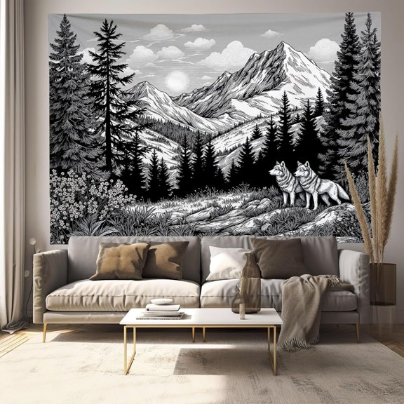White Line Art Tapestry Wall Hanging, Forest Mountain View Print Tapestries Dark Gray Wall Art Photo Backdrop Decorations for Bedroom, Living Room Dorm Decor - 40L x 30W
