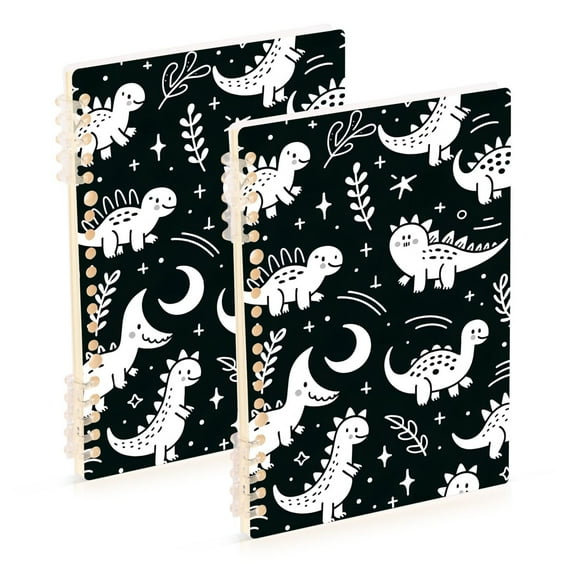 White Line Dinosaurs Leaves Ring Binder Notebook Journey Note Diary College Ruled Spiral Notebook Study Loose Leaf Paper A5 60 Pages