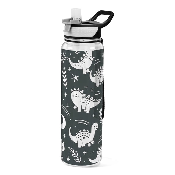 White Line Dinosaurs Leaves Sports Water Bottle Portable Travel Mug 32oz BPA Free Leak Proof Straw Transparent Tritan for Gym Yoga Cycling Camping