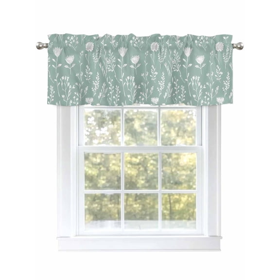 White Line Flower Valances for Windows, Rod Pocket Kitchen Valance Curtains - Soft & Washable Small Window Treatment for Living Room,&nbsp;Bathroom, Spring Green , 42x12 Inch, 1 Panel