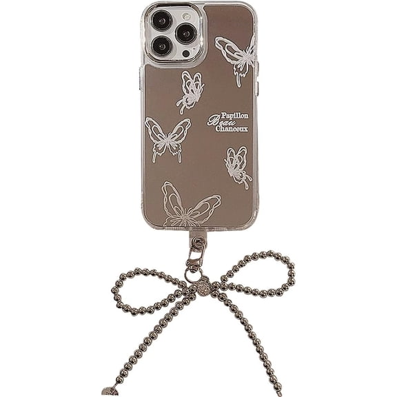 White Line Lucky Butterfly Plating Mirror Lanyard Chain Phone Case Compatible with iPhone Case (Silver,iPhone 15 Pro)
