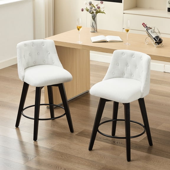 White Linen Bar Stools with Foam Filler & Adjustable Feet / 360° Swivel, Comfortable for Long Use