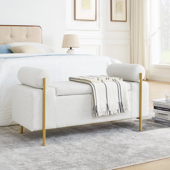White Linen Bench with Storage | Stylish Addition to Bedroom | Cylindrical Arms and Iron Legs | Overcomes Seating Discomfort