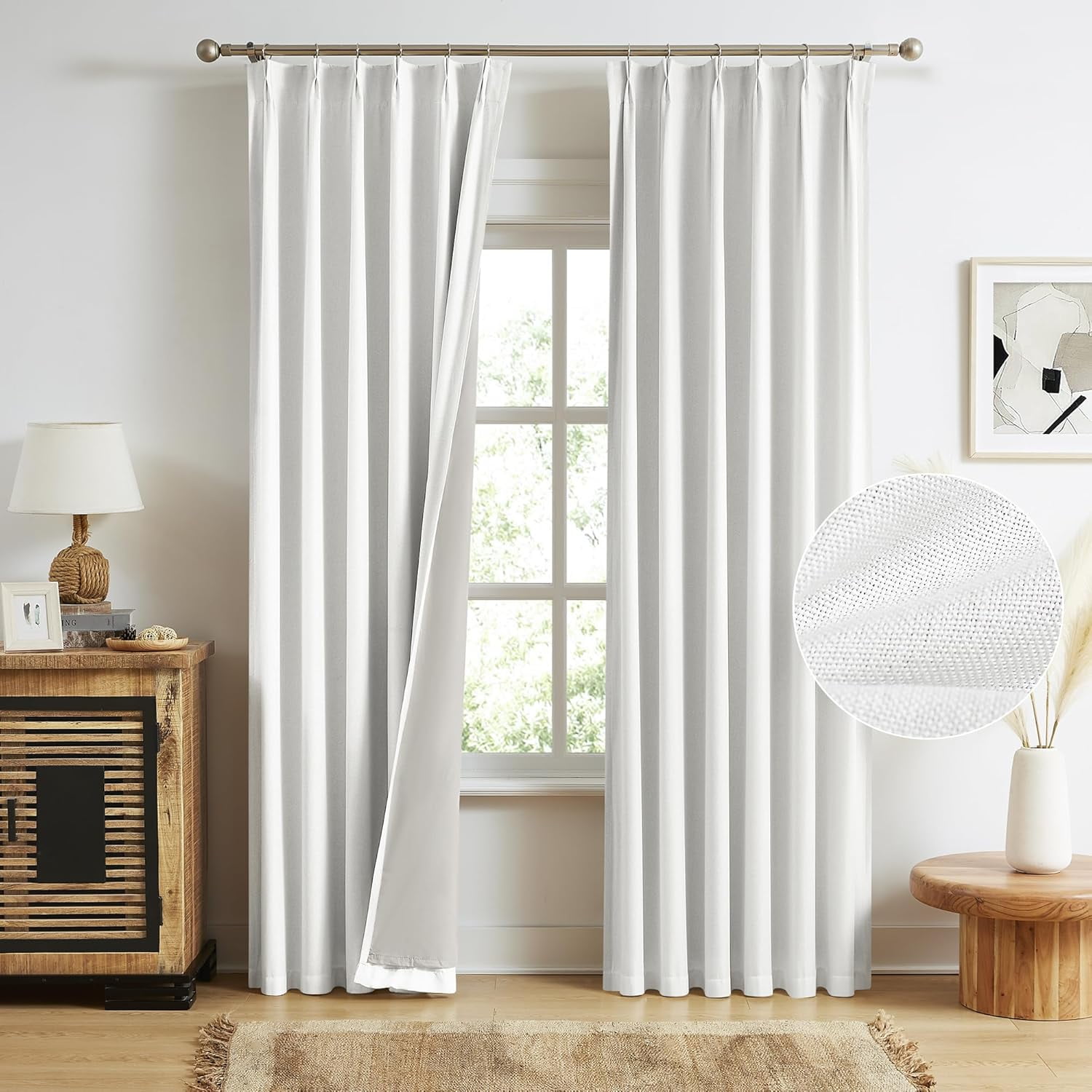 White Linen Blackout Pinch Pleat Curtains 84 Inch Length for Bedroom, Thermal Insulated Full Blackout Back Tab Curtains Double Pleated Drapes with Hooks, 40"x84", 2 Panels