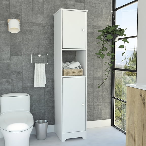 White Linen Cabinet, Double Doors & Four Interior Shelves, Appropriate For Rooms Or Bathrooms With Space Constraints, 68" High, Two Cabinets Double-door Height Shelves Compact Area Storage