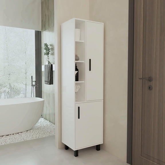 White Linen Cabinet with Open Storage and 2 Doors