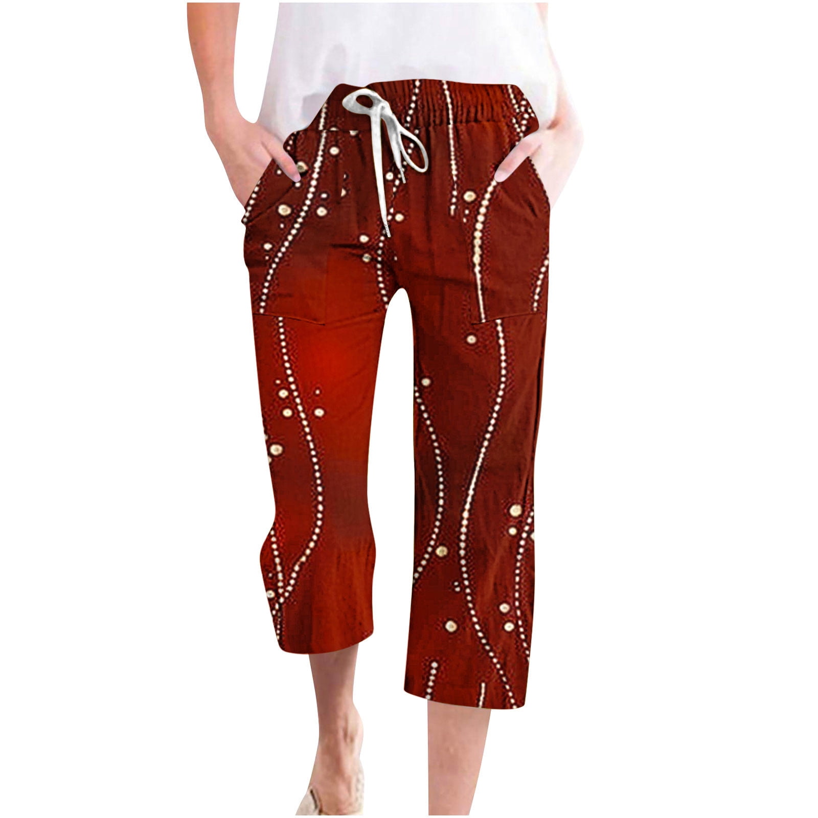 White Linen Cargo Pants WomenPrinted Wide Leg Palazzo Pants WomanCropped