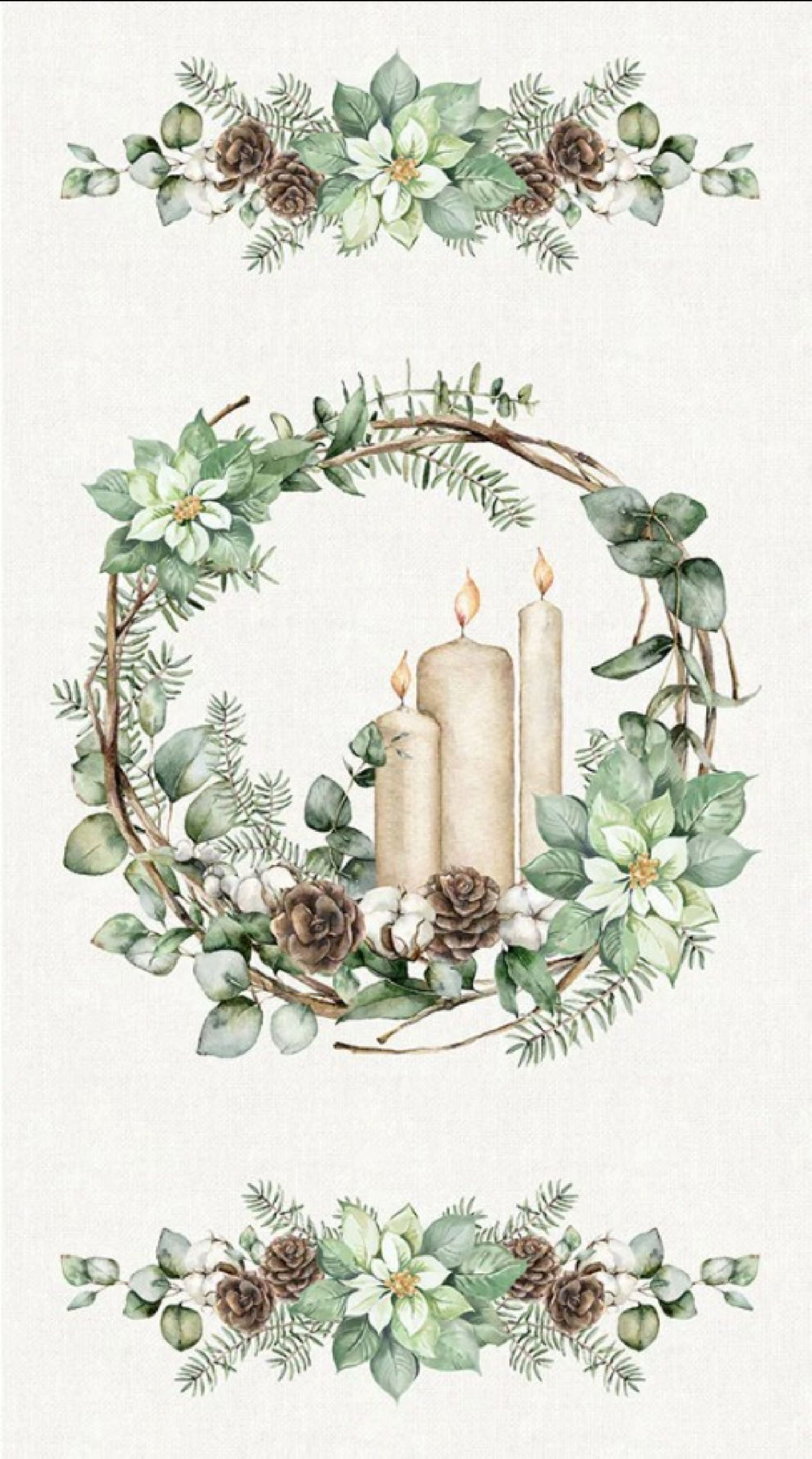 White Linen Christmas Wreath Candle Panel Cotton Fabric